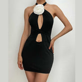 Flower applique contrast self tie halter backless hollow out mini dress