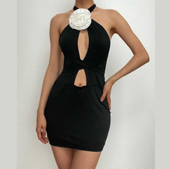 Flower applique contrast self tie halter backless hollow out mini dress