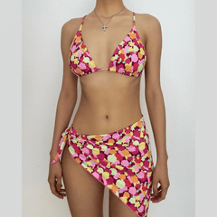 Contrast print self tie backless 3 piece swimwear