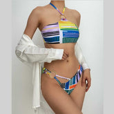 Contrast striped print o ring halter backless bikini swimwear
