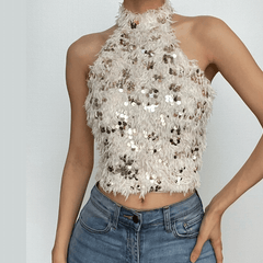 Furry glitter halter backless button mesh crop top