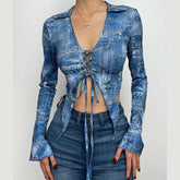 Denim print turnover collar long sleeve lace up crop top