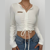 Long sleeve solid drawstring self tie tag v neck crop top