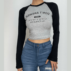 Contrast patchwork long sleeve letter print crewneck top - Final Sale