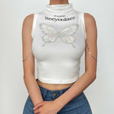 Metal chain high neck sleeveless butterfly pattern crop top - Final Sale