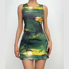 Sleeveless round neck abstract contrast mini dress - Final Sale