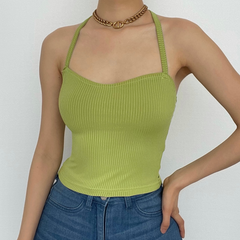 Halter self tie backless sweetheart neck ribbed solid crop top