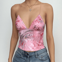 PRE ORDER - Butterfly applique backless v neck contrast print crop top