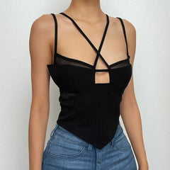 Mesh solid patchwork backless hollow out crop top