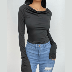 Cowl neck solid long flared sleeve hoodie 2-way top