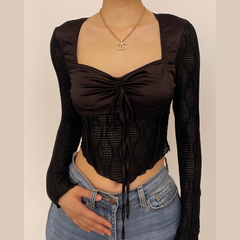 Mesh patchwork drawstring long sleeve crop top