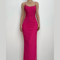 Mesh ruched slit square neck solid backless cami midi dress