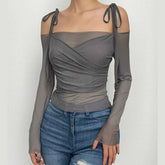 Long sleeve mesh self tie off shoulder solid crop top