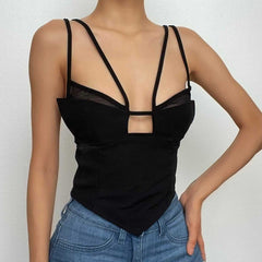 Mesh solid patchwork backless hollow out crop top