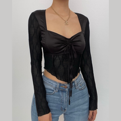 Mesh patchwork drawstring long sleeve crop top