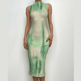 Tie dye sleeveless contrast crewneck midi dress