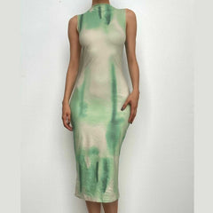 Tie dye sleeveless contrast crewneck midi dress