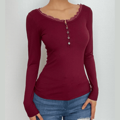 Ribbed long sleeve lace hem button solid top