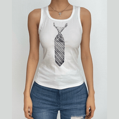 U neck necktie print ribbed contrast sleeveless top