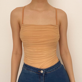 Corss back ruched self tie solid cami bodysuit