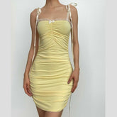 Ruched lace hem self tie square neck backless mini dress