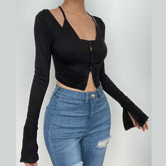 Halter self tie flared sleeve button solid 2 piece crop top