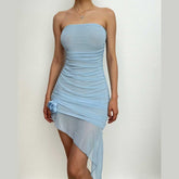 Solid mesh irregular ruffle flower applique ruched tube mini dress