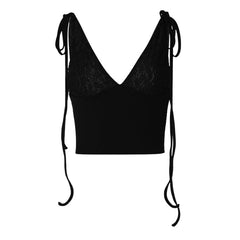 V neck see through lace ribbed patchwork ruched backless top