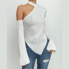 Long sleeve textured off shoulder ruffle halter solid top