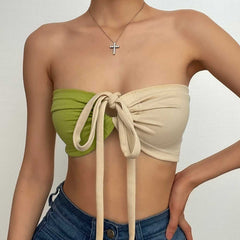 Ribbed contrast halter cross front drawstring backless crop top - Final Sale