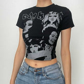 Comic pattern contrast short sleeve crewneck crop top