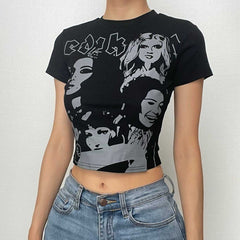 Comic pattern contrast short sleeve crewneck crop top