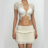Textured button turnover collar short sleeve ruffle mini skirt set