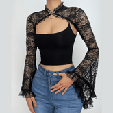 Solid flared sleeve lace hem button hollow out shrug top