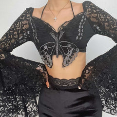 Flared sleeve lace butterfly embroidery halter crop top