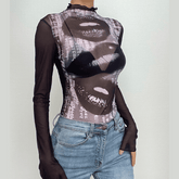 Lip prints sheer mesh see through ruffle high neck bodysuit