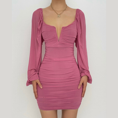 Mesh solid long sleeve ruched notch neck zip-up mini dress