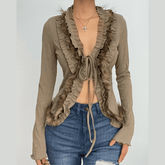 Fluffy patchwork ruffle self tie long sleeve crop top