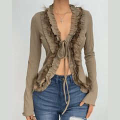 Fluffy patchwork ruffle self tie long sleeve crop top