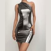 Metallic one shoulder ruched sleeveless irregular mini dress