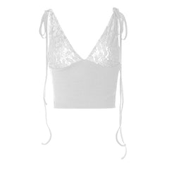 V neck see through lace ribbed patchwork ruched backless top