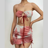 Tie dye halter self tie backless cross front 3 piece swimwear