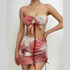 Tie dye halter self tie backless cross front 3 piece swimwear