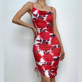 PRE ORDER - Flower print contrast drawstring cowl neck backless cami mini dress