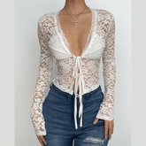 Long sleeve v neck lace self tie solid crop top