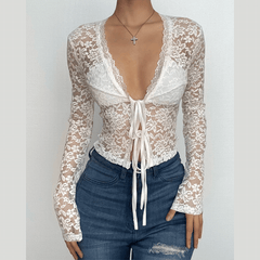 Long sleeve v neck lace self tie solid crop top