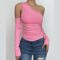 Long sleeve one shoulder irregular ruched solid top