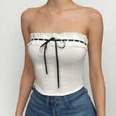 PRE ORDER - Contrast stitch lace hem self tie backless tube crop top