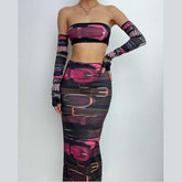 Gloves contrast print backless tube midi skirt set