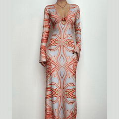 Contrast print o ring v neck long sleeve maxi dress